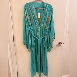 Chic Turquoise Maxi Dress/Kimono with Gold Accents